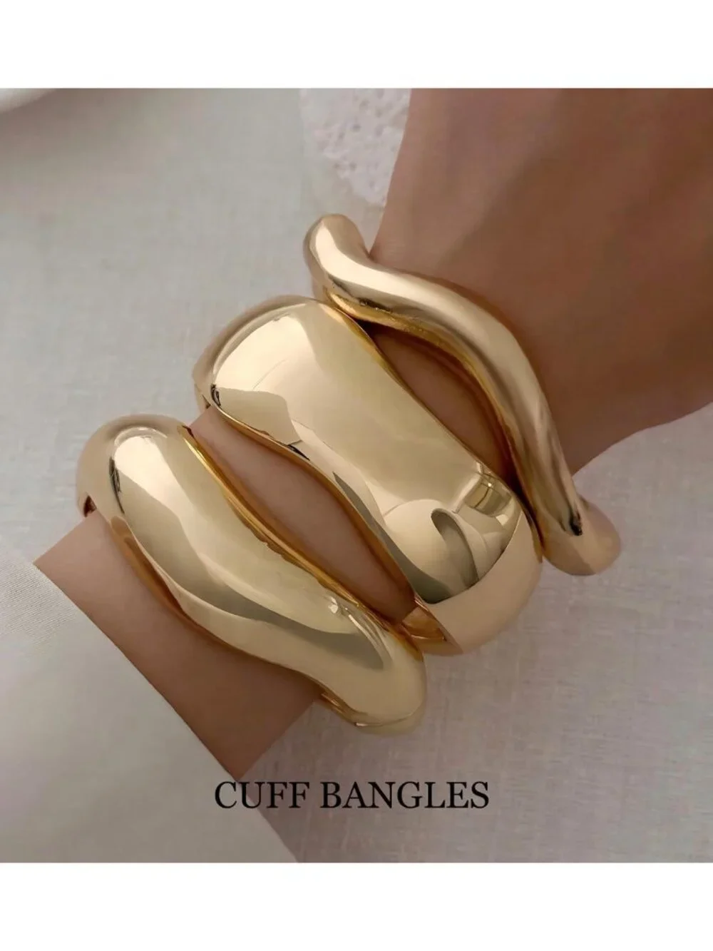 Trendy Chunky Gold Bangle Bracelets Set, 14k Plated Cuff Stackable Jewelry Gifts